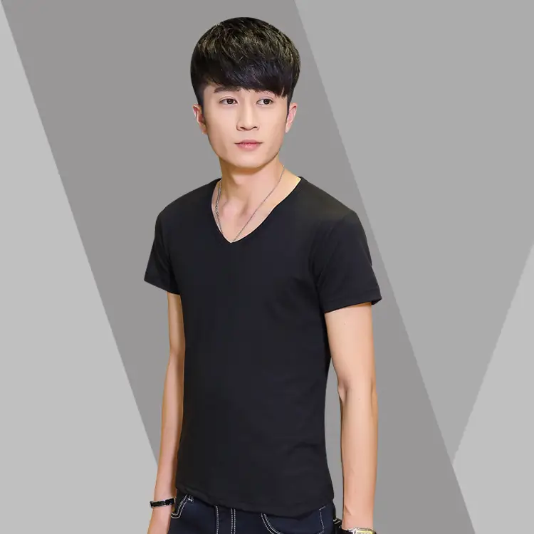 Men V-Neck Short Sleeve T-Shirt Grey Solid Color - Image 16