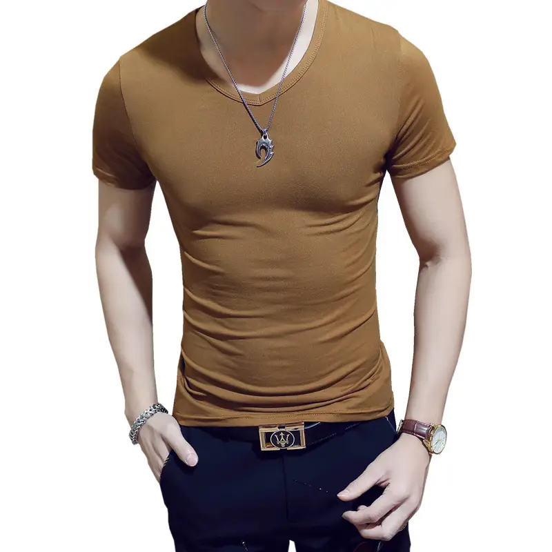 Men V-Neck Short Sleeve T-Shirt Grey Solid Color - Image 4