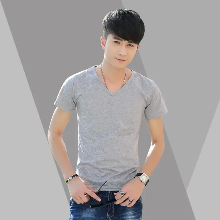 Men V-Neck Short Sleeve T-Shirt Grey Solid Color - Image 8