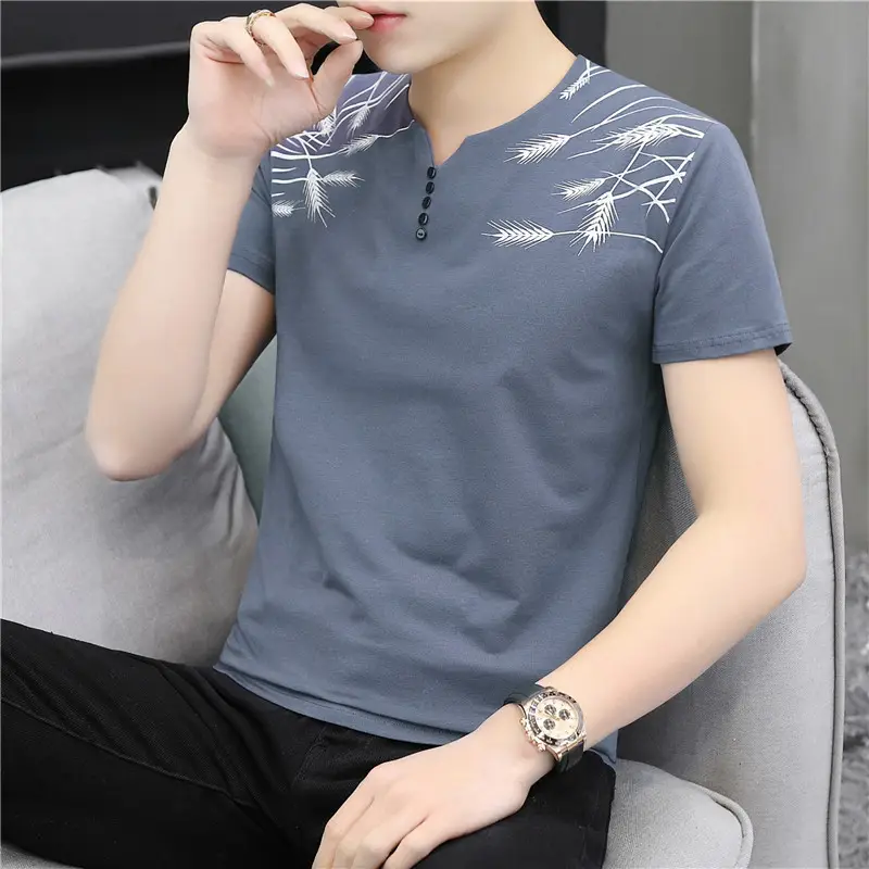 Men V Neck Cotton Printed T-Shirt Blue - Image 6