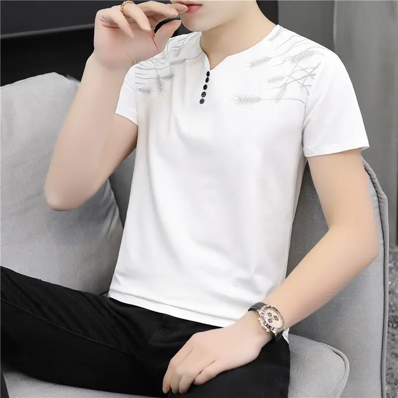 Men V Neck Cotton Printed T-Shirt Blue - Image 7
