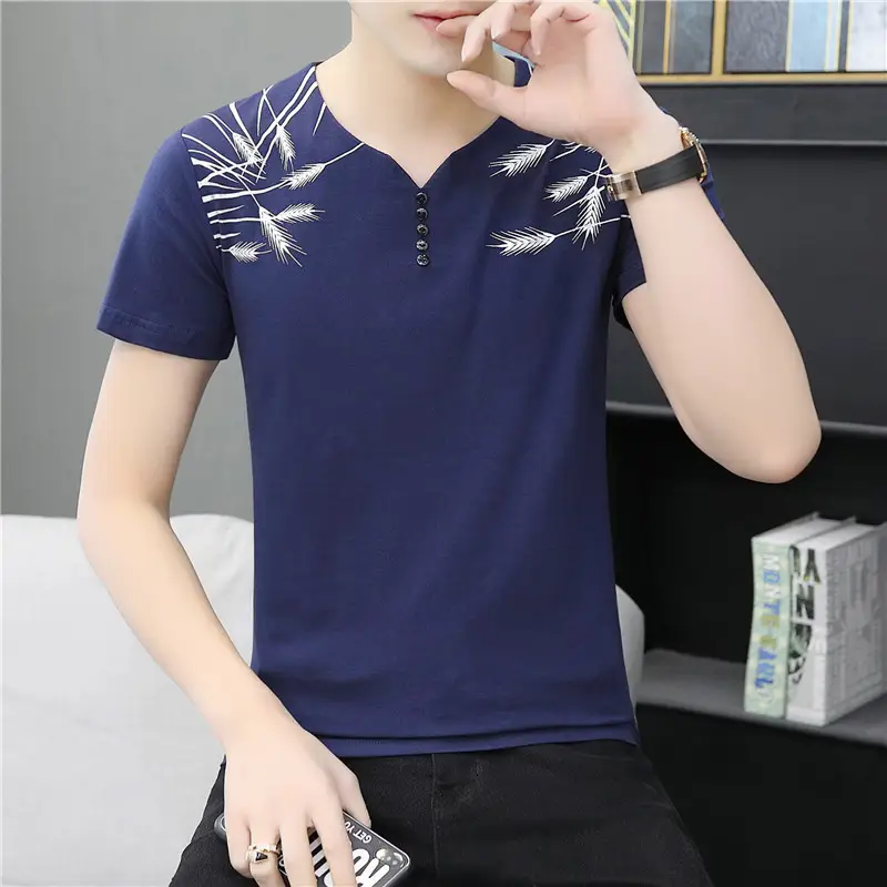 Men V Neck Cotton Printed T-Shirt Blue - Image 8