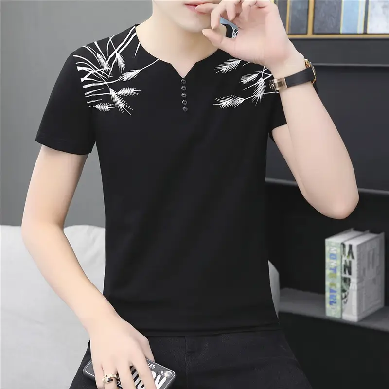 Men V Neck Cotton Printed T-Shirt Blue - Image 9