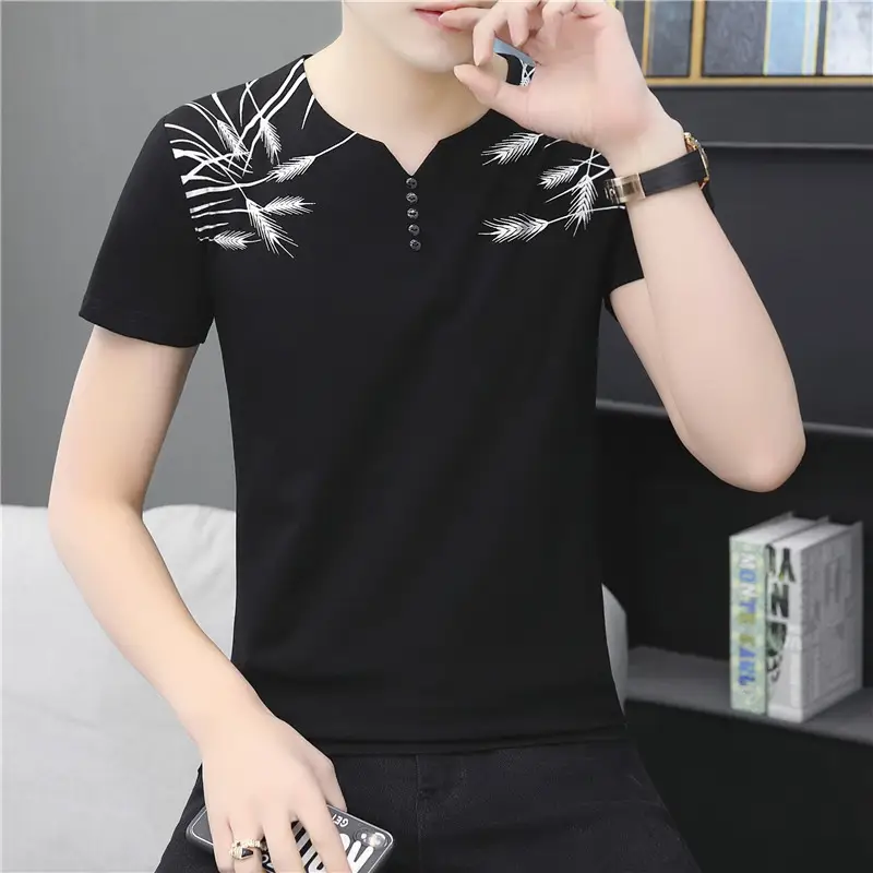 Men V Neck Cotton Printed T-Shirt Blue - Image 2