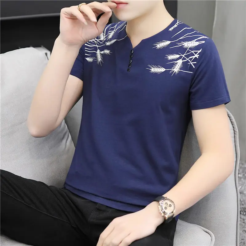 Men V Neck Cotton Printed T-Shirt Blue - Image 3