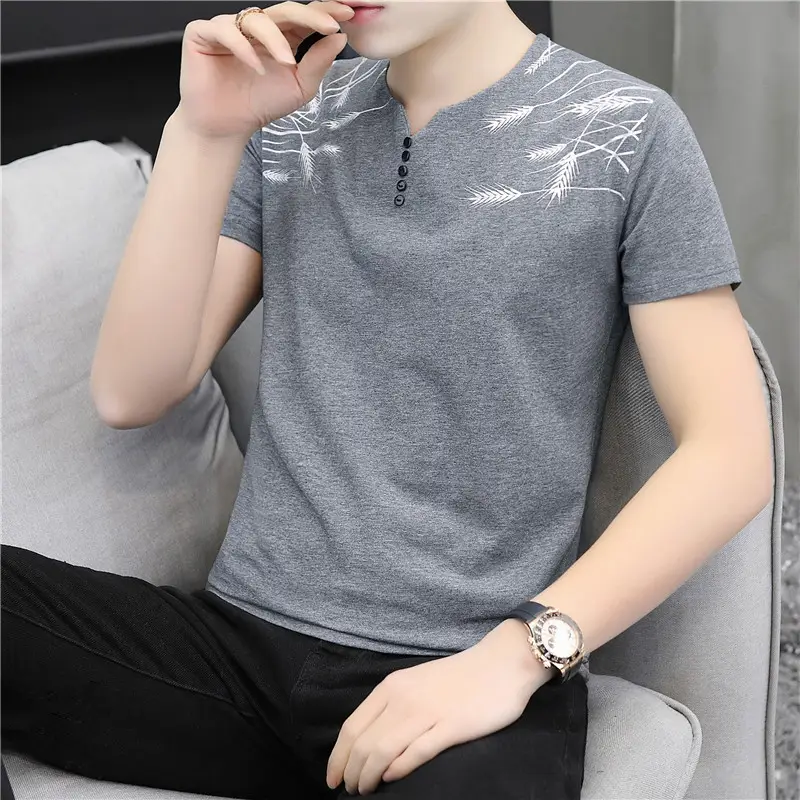 Men V Neck Cotton Printed T-Shirt Blue - Image 4