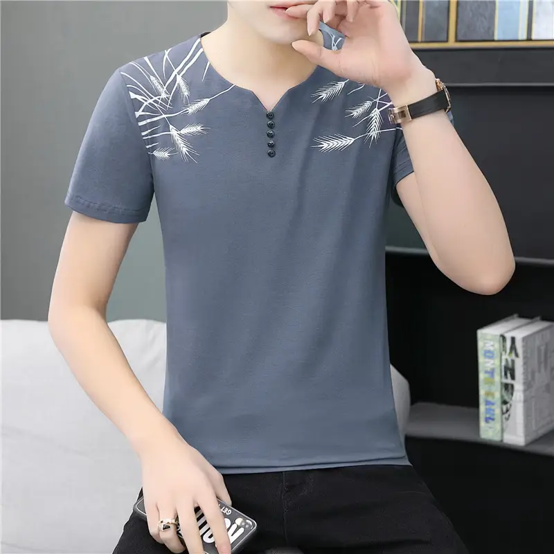 Men V Neck Cotton Printed T-Shirt Blue - Image 5