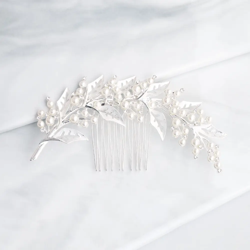 European Pearl Leaf Hair Comb for Bridal Wedding - Image 2