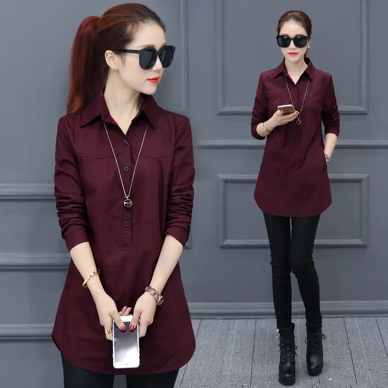Women Long Sleeve Shirt Maroon Slim Fit Spring Wear