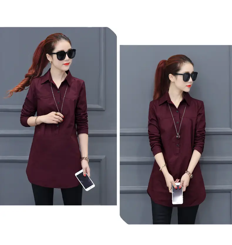 Women Long Sleeve Shirt Maroon Slim Fit Spring Wear — feature 12