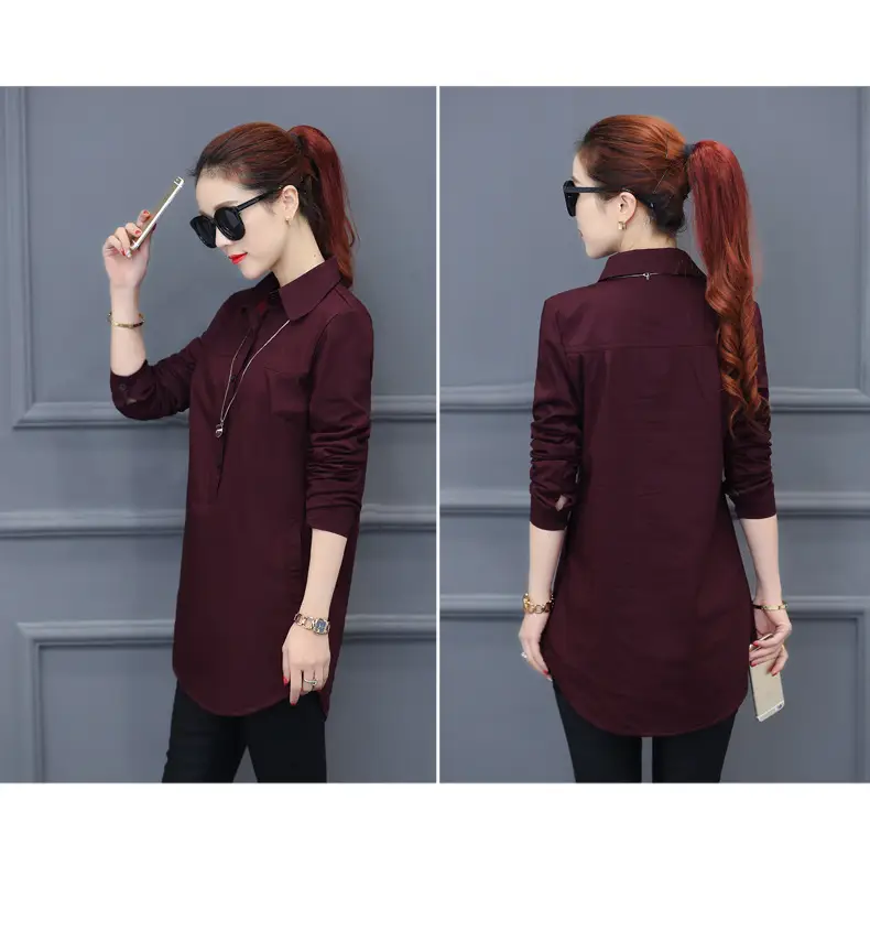 Women Long Sleeve Shirt Maroon Slim Fit Spring Wear — feature 15