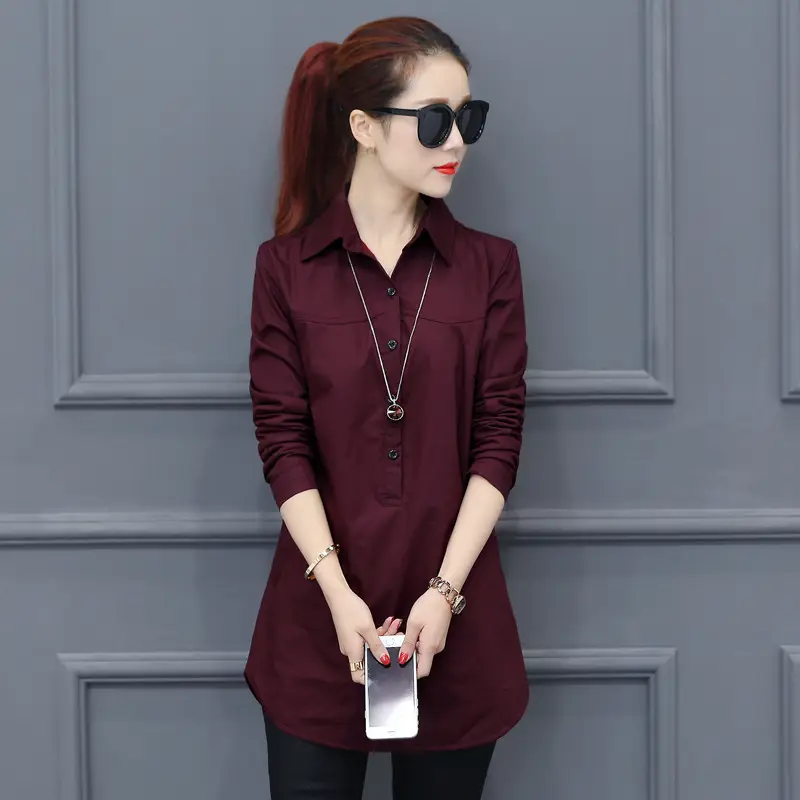 Women Long Sleeve Shirt Maroon Slim Fit Spring Wear