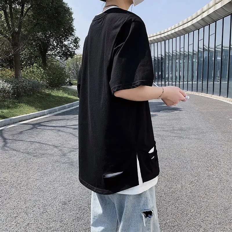 Men Black Ripped T-Shirt Hip Hop Style Loose Sleeve - Image 4