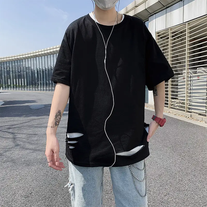 Men Black Ripped T-Shirt Hip Hop Style Loose Sleeve - Image 5