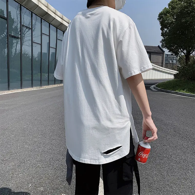 Men Black Ripped T-Shirt Hip Hop Style Loose Sleeve - Image 6