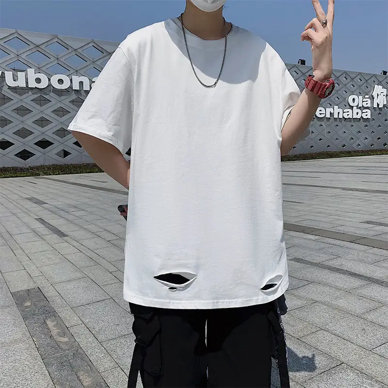 Men Black Ripped T-Shirt Hip Hop Style Loose Sleeve - Image 2