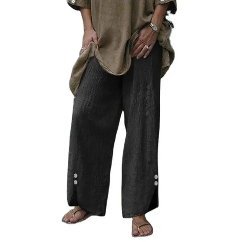 Women's Wide Leg Button Pants Black Cotton Summer Casual - Image 6