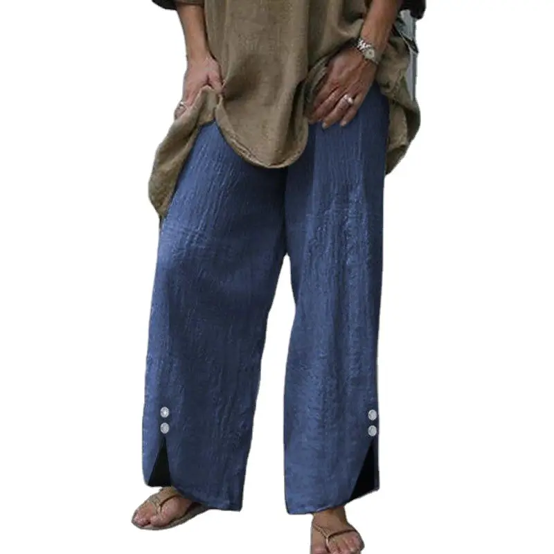 Women's Wide Leg Button Pants Black Cotton Summer Casual - Image 7