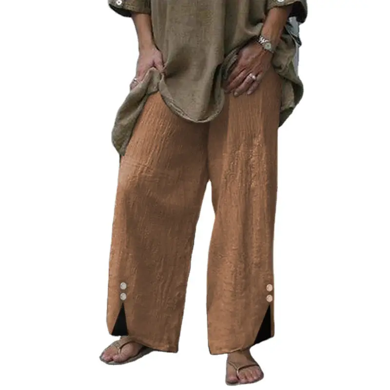 Women's Wide Leg Button Pants Black Cotton Summer Casual - Image 8