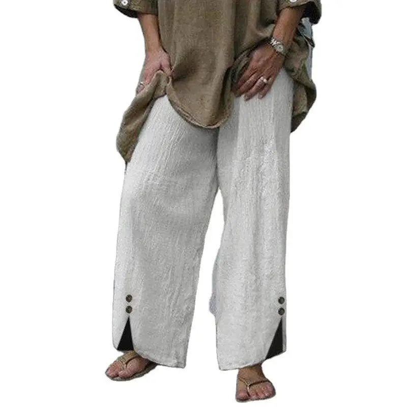 Women's Wide Leg Button Pants Black Cotton Summer Casual - Image 9