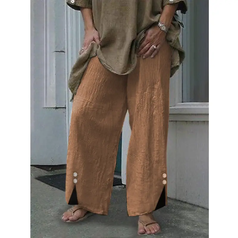 Women's Wide Leg Button Pants Black Cotton Summer Casual - Image 2
