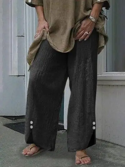 Women's Wide Leg Button Pants Black Cotton Summer Casual - Image 3