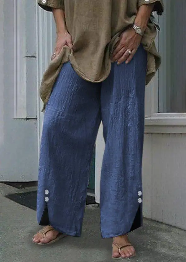 Women's Wide Leg Button Pants Black Cotton Summer Casual - Image 4