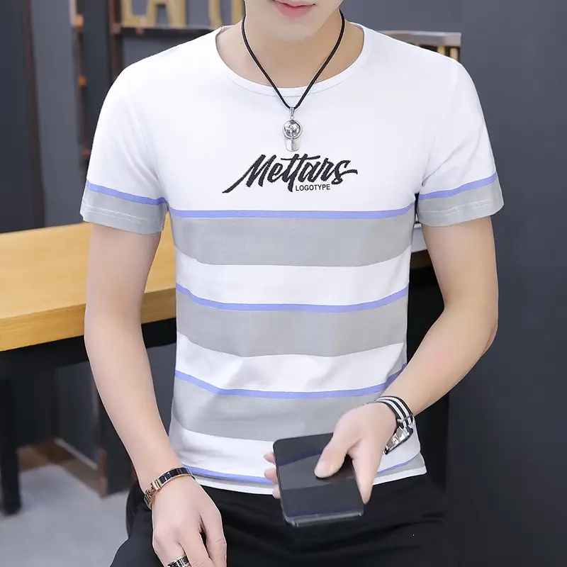 Men's White Striped Short Sleeve T-Shirt with "Mettens" Print - Image 4
