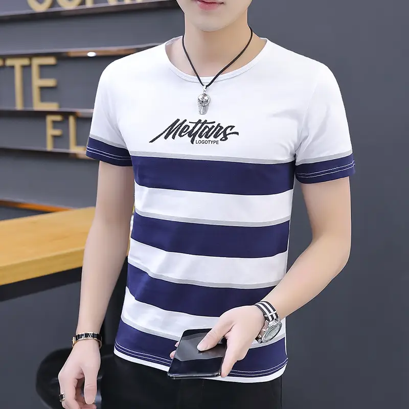 Men's White Striped Short Sleeve T-Shirt with "Mettens" Print - Image 6