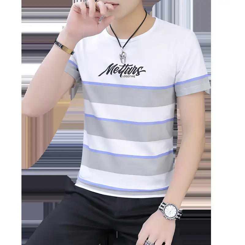 Men's White Striped Short Sleeve T-Shirt with "Mettens" Print - Image 7