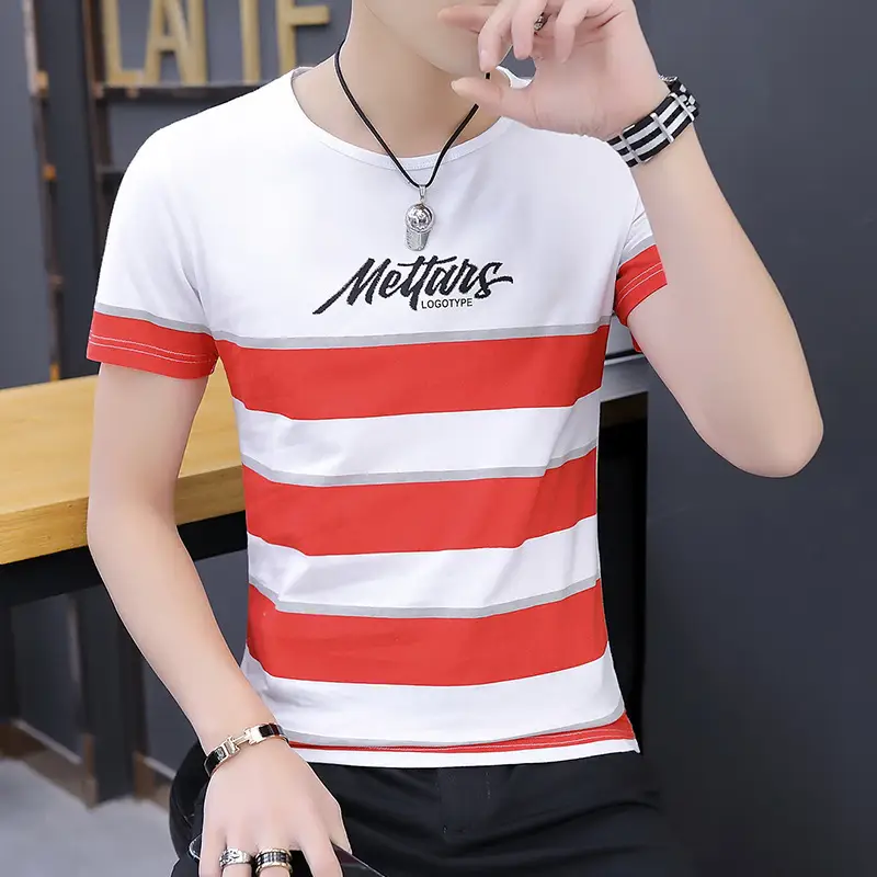 Men's White Striped Short Sleeve T-Shirt with "Mettens" Print - Image 8