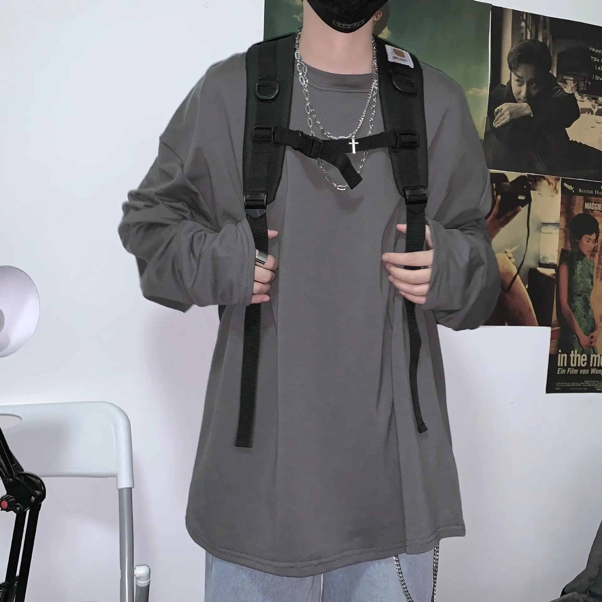 Men Black Long Sleeve T-Shirt with Chain Necklace - Image 2