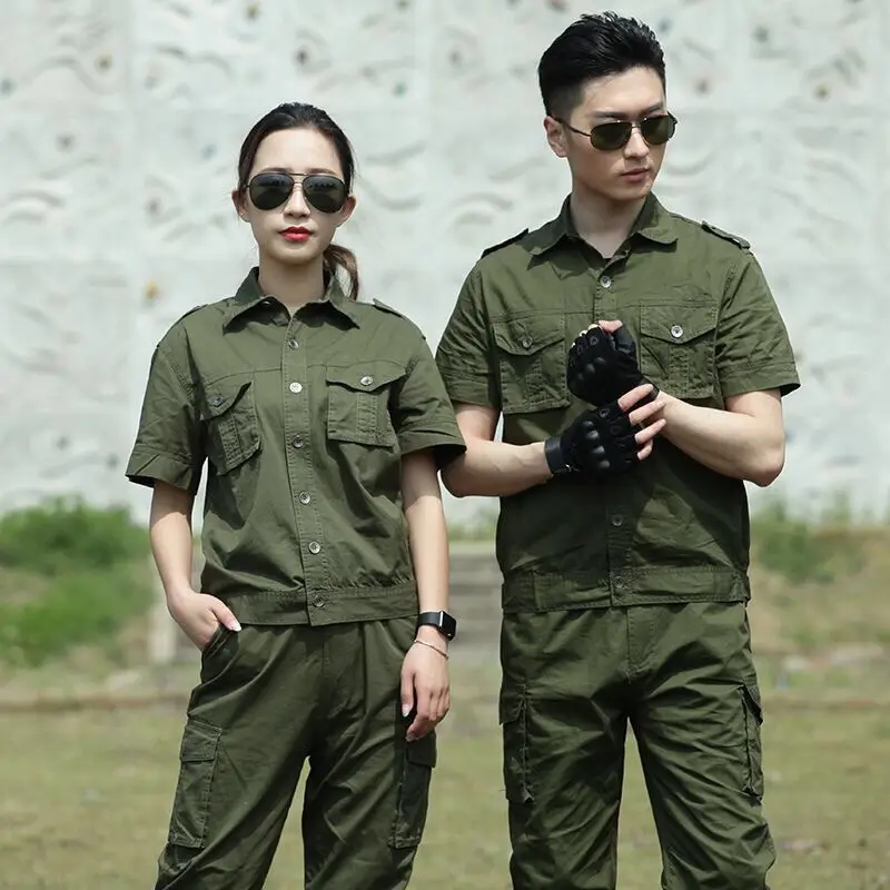 Men Army Green Camouflage Training Suit Women Short Sleeve Welder Wear - Image 6