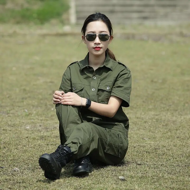 Men Army Green Camouflage Training Suit Women Short Sleeve Welder Wear - Image 7