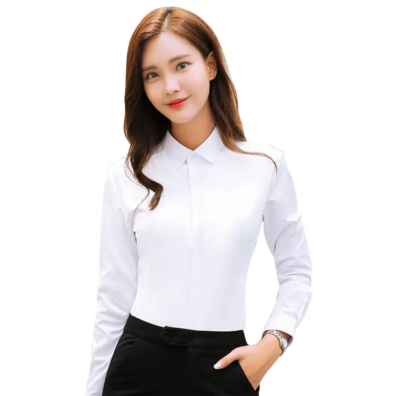 Korean Style Slim Fit V-Neck Work Shirt White Plus Size - Image 13