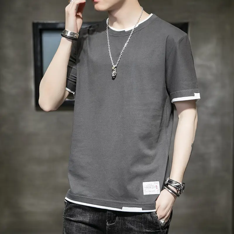 Men Cotton T-Shirt Light Grey Red Trim Large - Image 10