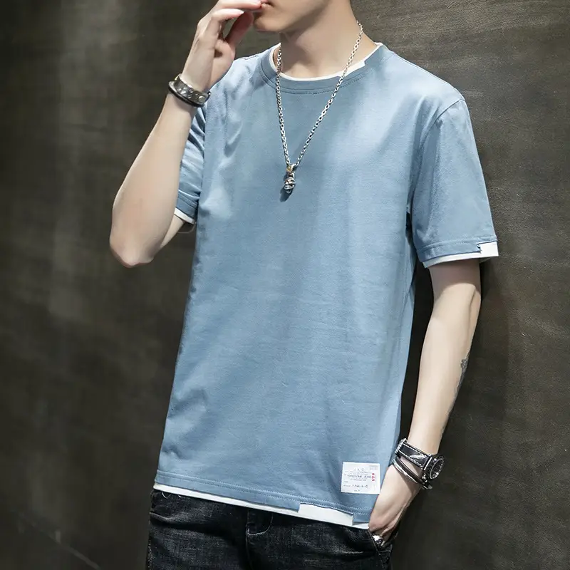 Men Cotton T-Shirt Light Grey Red Trim Large - Image 11