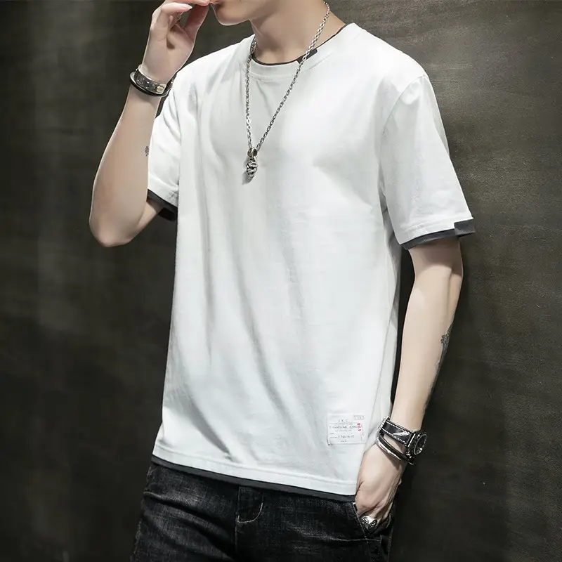 Men Cotton T-Shirt Light Grey Red Trim Large - Image 12