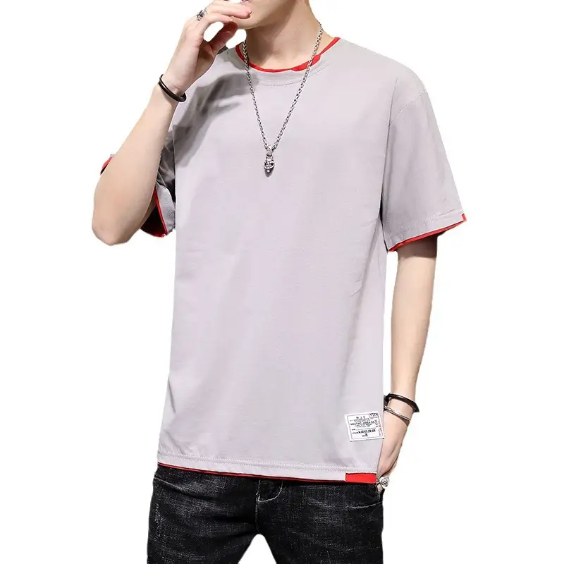 Men Cotton T-Shirt Light Grey Red Trim Large - Image 13