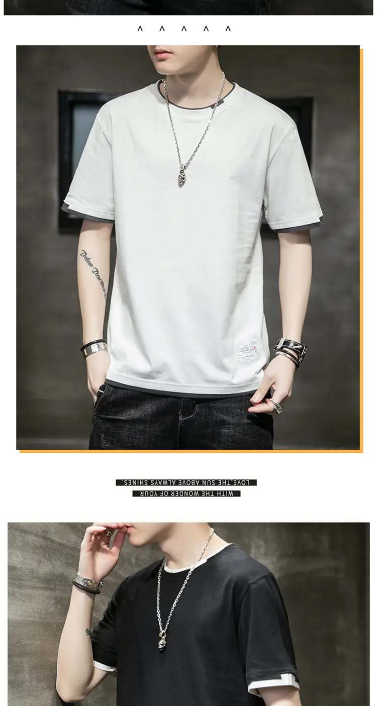 Men Cotton T-Shirt Light Grey Red Trim Large — feature 11