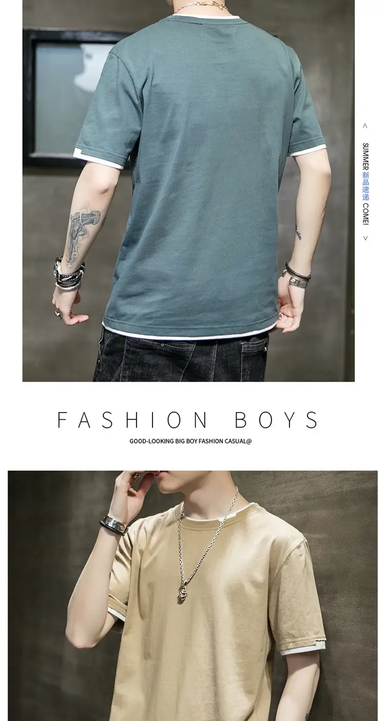 Men Cotton T-Shirt Light Grey Red Trim Large — feature 15