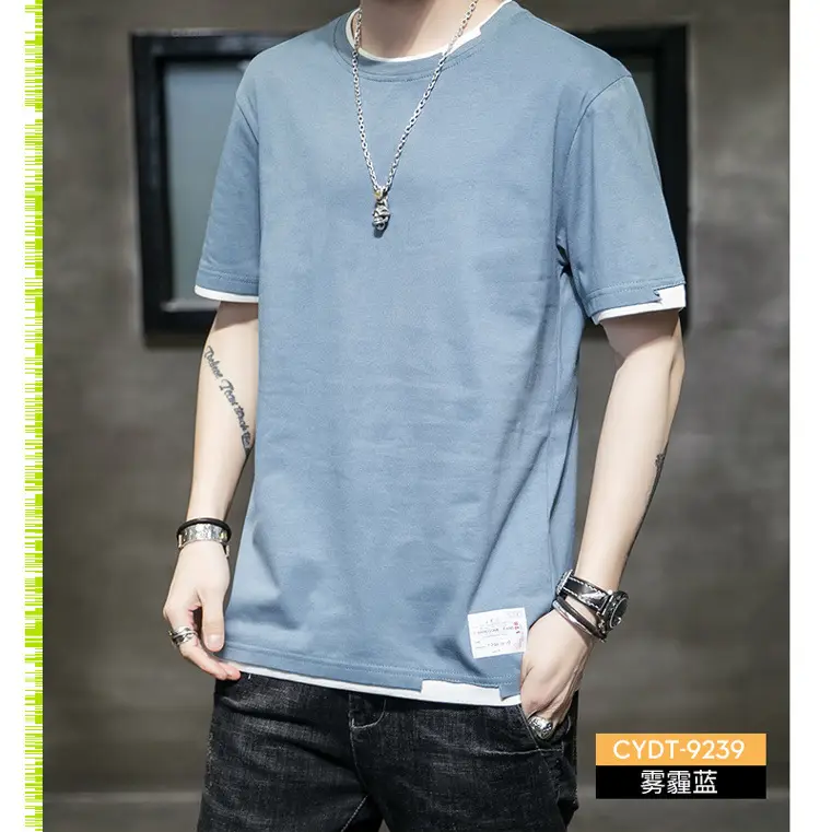 Men Cotton T-Shirt Light Grey Red Trim Large — feature 17