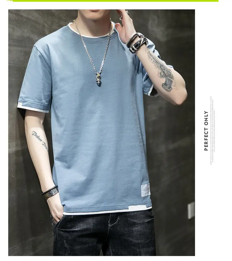 Men Cotton T-Shirt Light Grey Red Trim Large — feature 18