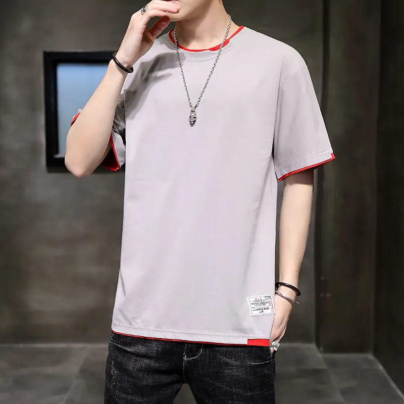Men Cotton T-Shirt Light Grey Red Trim Large - Image 2