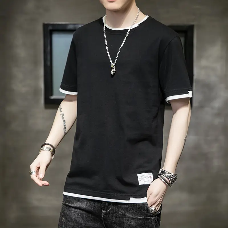 Men Cotton T-Shirt Light Grey Red Trim Large - Image 4