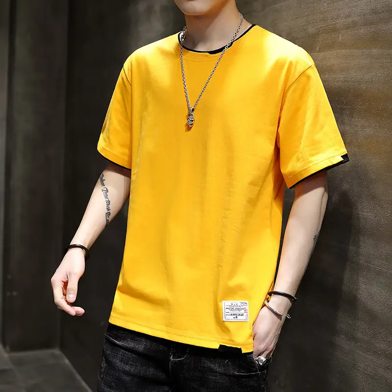 Men Cotton T-Shirt Light Grey Red Trim Large - Image 7