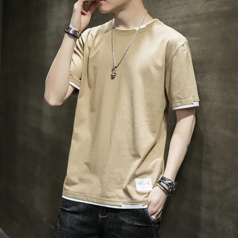 Men Cotton T-Shirt Light Grey Red Trim Large - Image 8