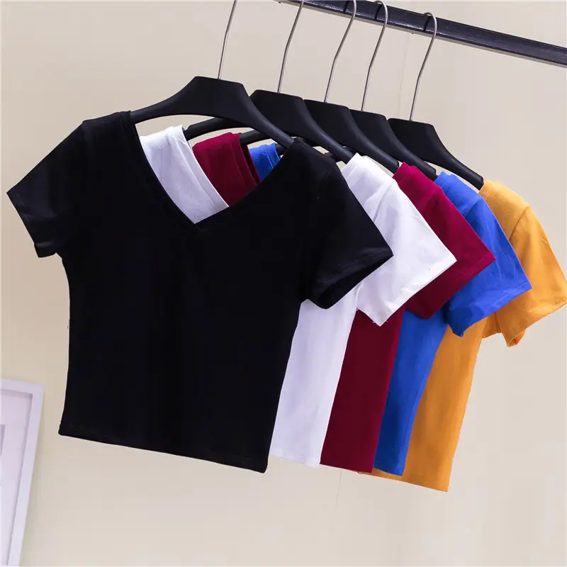Women V-Neck Blue T-Shirt Short Sleeve High Waist - Image 6