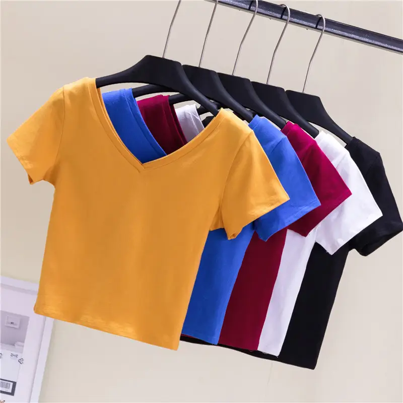 Women V-Neck Blue T-Shirt Short Sleeve High Waist - Image 7