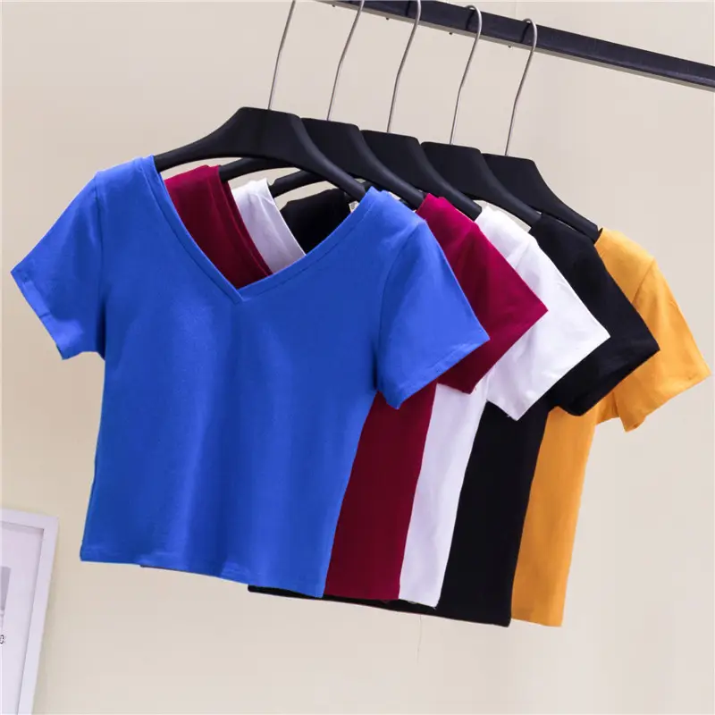 Women V-Neck Blue T-Shirt Short Sleeve High Waist - Image 8